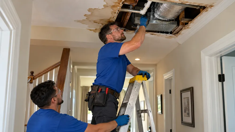 Workers inspecting stained ceiling drywall around an opening with exposed attic pipes and ductwork.