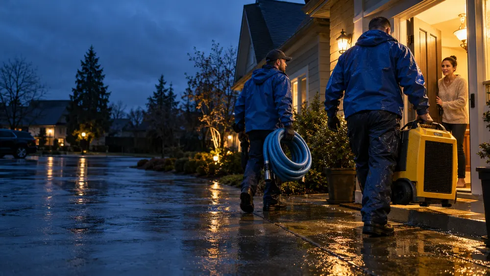 Workers carrying a hose and dehumidifier toward a lit home entrance on a wet evening.