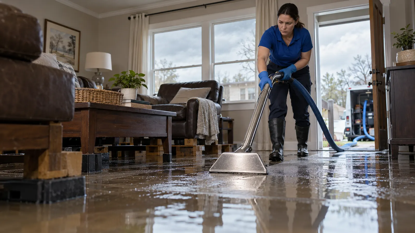 Technician using an extraction wand in a flooded furnished family room with furniture raised on blocks.