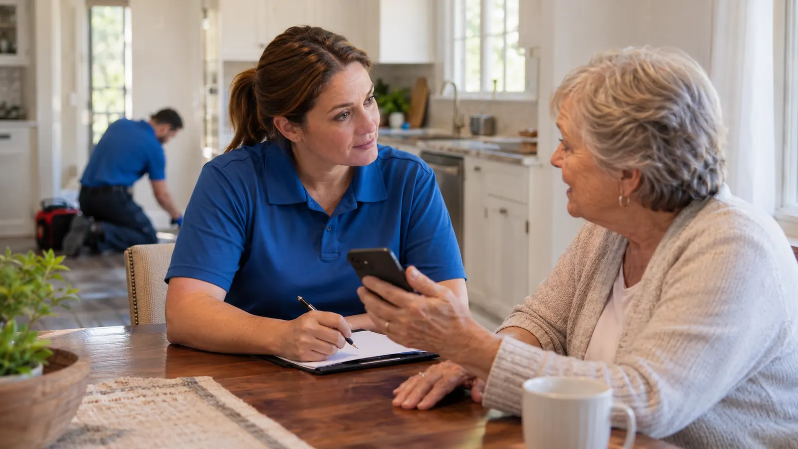 Crew member taking notes while a homeowner holds a phone at a kitchen table.