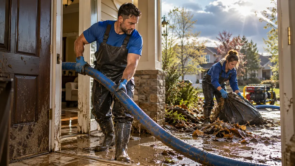 Workers removing muddy water and storm debris at a front entrance.