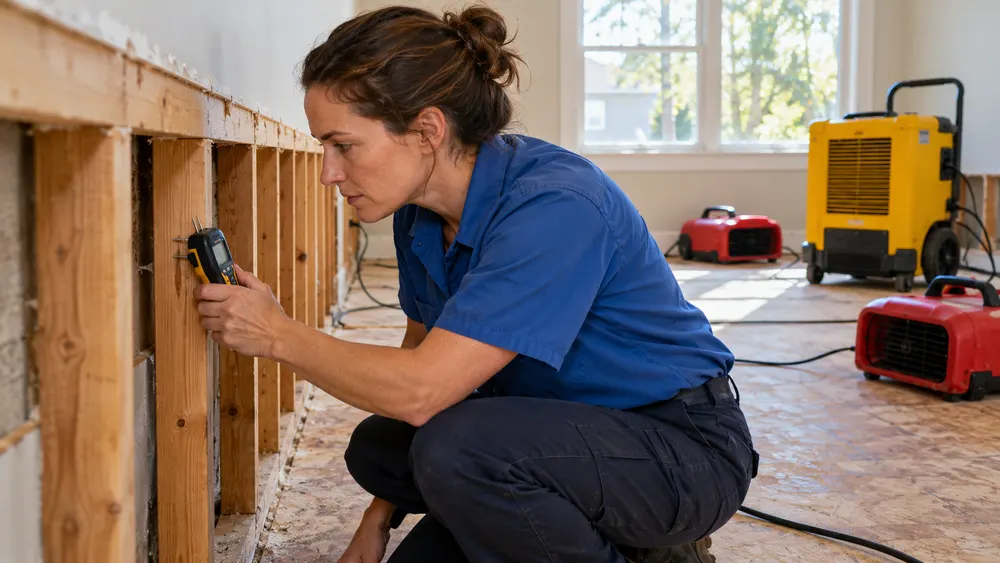 Technician checking exposed wall studs with a moisture meter.
