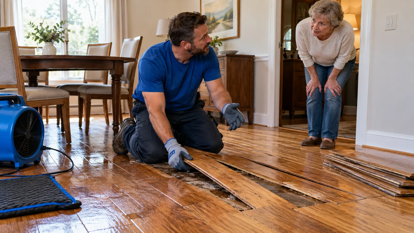 Technician lifting a wet oak floor plank while a homeowner watches and an air mover sits nearby.