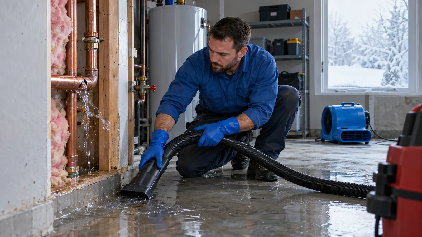 Technician extracting water beside an exposed leaking copper line in a utility room with snow outside.